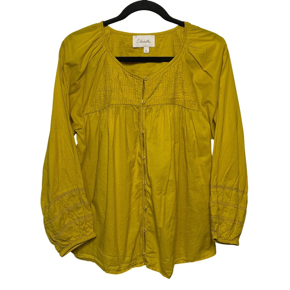 Closbella Button Front Smocked Peasant Blouse Long Sleeve Fall Yellow‎ Size XL